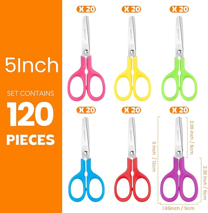 120Pack 5" Small School Student Blunt Craft Kids Scissors, Sharp Stainless Steel Blades Safety Comfort Grip Scissors for Kids Children Cutting Paper, 5Inch