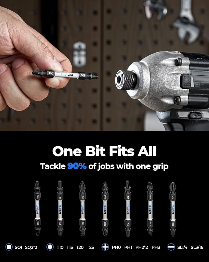 toolant 2 Inch Double-Ended Screwdriver Power Bit, 7 Pcs Impact Bit Set With Magnetic(PH2 & PH1 ; PH3 & PH0 ; SL1/4" & SL3/16"; SQ2 & SQ1;T25 & T20; T15 & T10; PH2 & SQ2),1/4 Hex Shank With Case