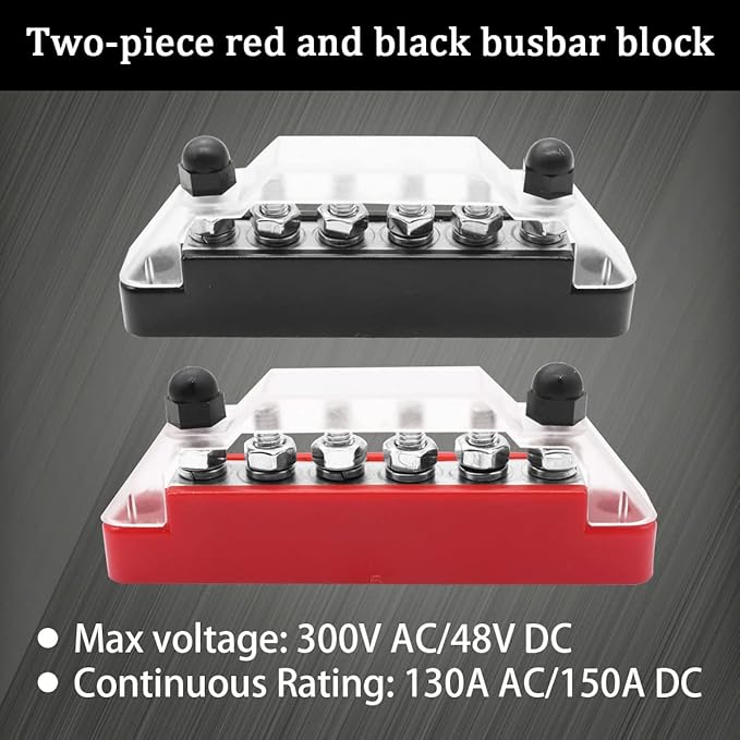 150A 12V-48V Bus Bar Marine Power Distribution Block with Cover with 6 x 1/4”Post,Battery Bus Bar (Pair,Red & Black),Automotive Busbars 12 Volt for Car Boat Solar Wiring