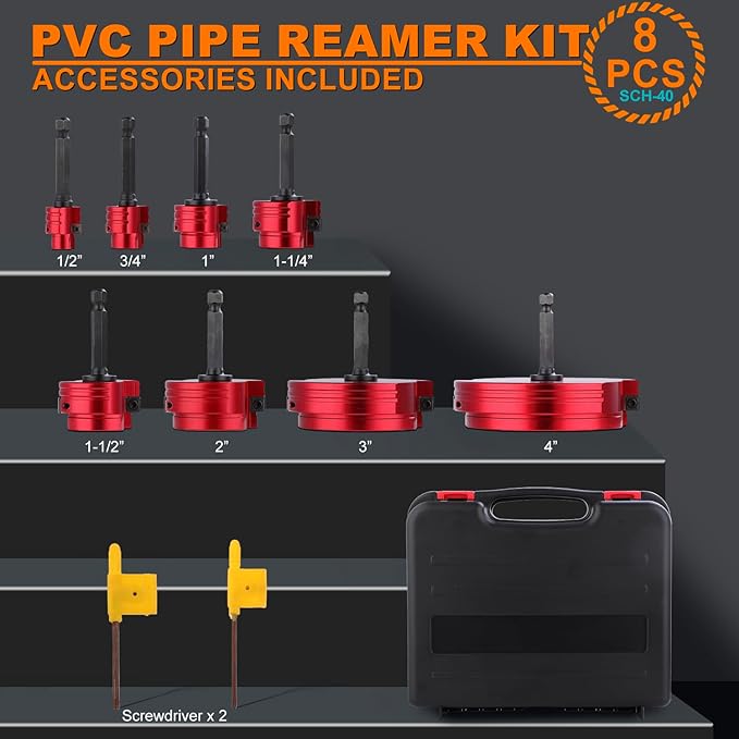Double-Blade PVC Pipe Reamer Kit (1/2" to 4") 8PCS into Standard 1/2" Drills - Fits PVC, SCH40, ABS, CPVC