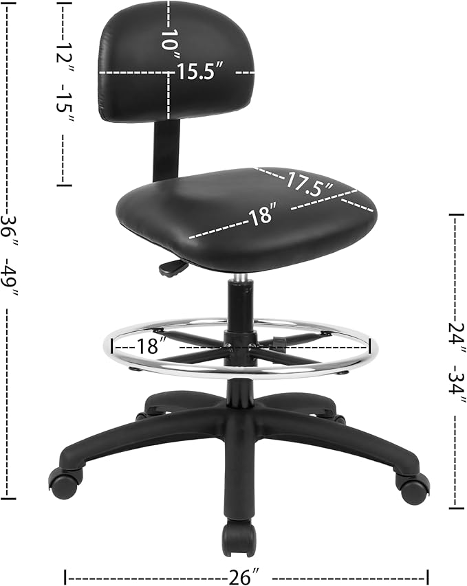 Chair Master FSS Series Square seat Tall (24"-34") seat Height Chair. Vinyl-for Office, Garage, Desk, Shop, Computer, Doctor, Medical, Easy to Clean! 18" Footring (Black, Tall, _Standard Casters)