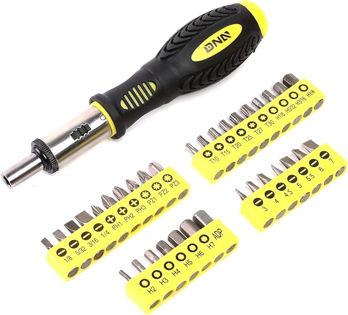 DNA MOTORING Universal Hand Tool Kit, Multi-Bit Screwdriver Hex Keys Set, Multibit Screw Driver with Screwdriver Bits, Nut Driver Set for SAE and Metric, Yellow, TOOLS-00038