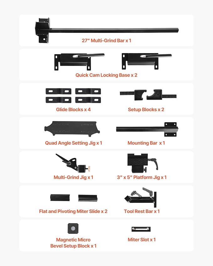 VEVOR Pro Grind Sharpening System, Multi-Grind Sharpening Jig for 6" & 8" Bench Grinder - with Platform Jig, Tool Rest Bar, Setup Block, Miter Slide, Micro Bevel Block, for Chisels Woodturning Tools