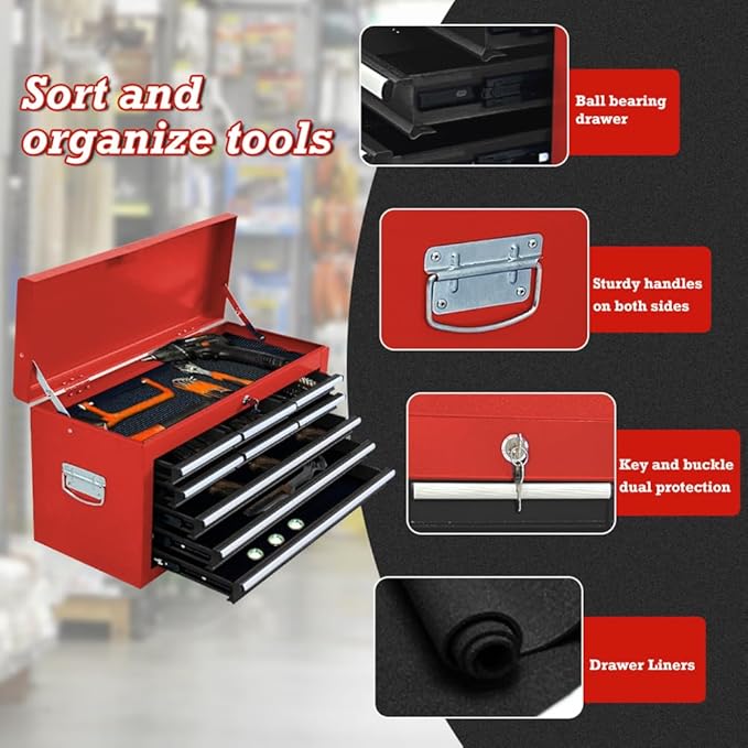 13 Drawer Rolling Tool Chest with Wheels, 2 in 1 Detachable Tool Chest with Drawers, Large Tool Box with Lock, Metal Tool Cabinet for Garage Workshop(Red-Black)