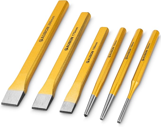 6 Pack Punch and Chisel Set, Includes 3 Pcs Digging Tools Cold Chisel, 3 Pcs Center/Pin/Tapered Punch Set, with Canvas Bag, Masonry Chisels for Brick, Wood, Metal and Stone