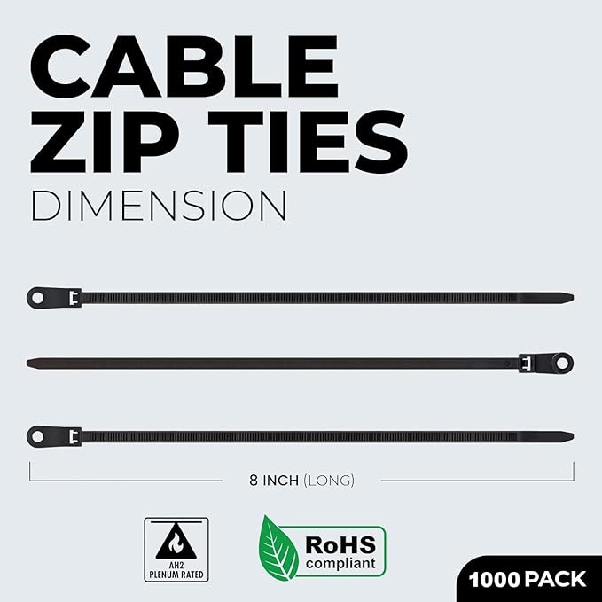 BEST CONNECTIONS Black Cable Ties – 1,000 Pcs Cable Zip Ties 8 Inch with Screw Down Hole for Mounting- Strong Nylon Wire Ties with 50 Lbs Tensile Strength – Cable Management Ties for Outdoor & Indoor