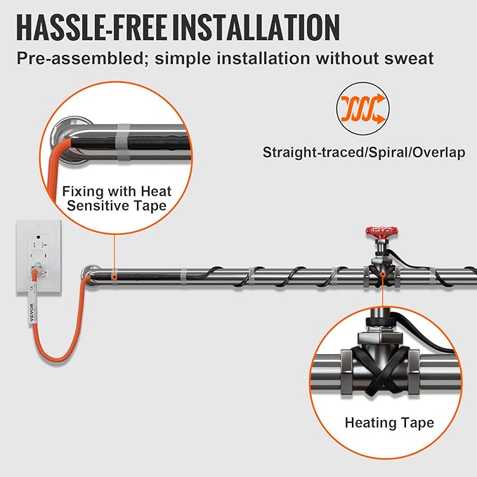 VEVOR Self-Regulating Pipe Heating Cable, 60-feet 5W/ft Heat Tape for Pipes Freeze Protection, Protects PVC Hose, Metal and Plastic Pipe from Freezing, 120V
