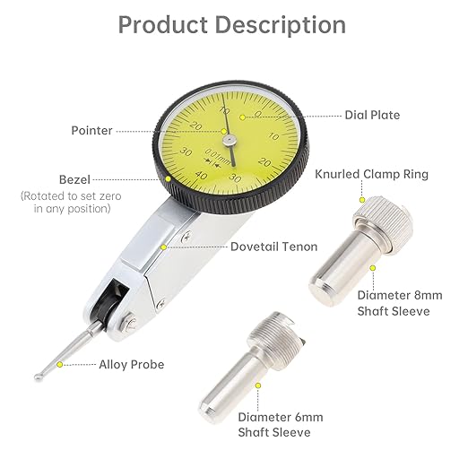 Dial Test Indicator Gauge 0-0.8mm, 0.01mm Accuracy, Lever Dial Test Indicator Gauge 0-40-0 Scale Yellow Dial Face with Installation Accessories 6mm/ 8mm Sleeves