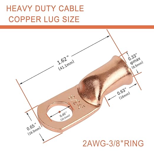 10pcs 2 AWG-3/8”(M10) Ring Terminals 2 Gauge Copper Wire Lugs Battery Cable Ends Heavy Duty Battery Cable Terminal Connectors