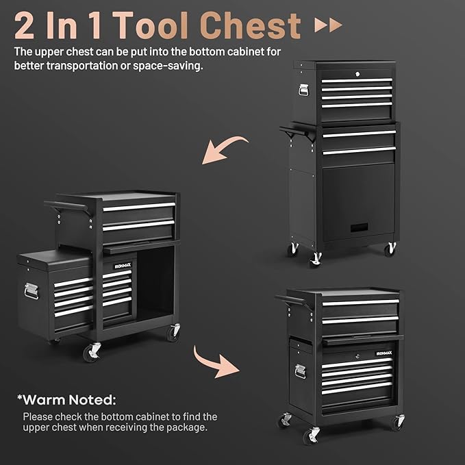 S AFSTAR 6-Drawer Rolling Tool Chest, High Capacity Tool Storage Cabinet with 4 Hooks, Locking System and Universal Wheels, 2-in-1 Detachable Large Toolbox for Garage Workshop (Black)