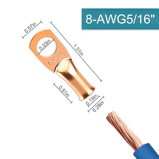 Battery Cable Ends, 8PCS 8 Gauge Wire Connectors 5/16 Copper Wire Lugs, Bare Copper Eyelets with Heat Shrink Tubing