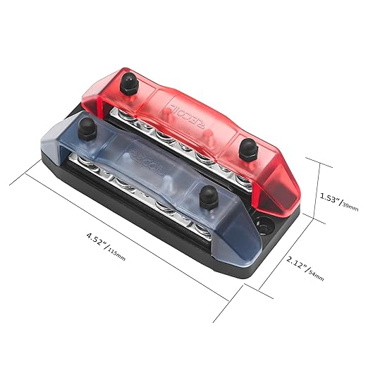 Recoil DBBS43 Dual Row Busbar Positive and Negative 4 x M5 Studs 3 x #8 Screw Terminals Power and Ground Distribution Block with Ring Terminals Bus Bar