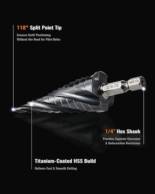 ZELCAN 12 Sizes M35 Cobalt Step Drill Bit, 3/16" to 7/8" Four Spiral Flute Step Drill Bit for Metal, Titanium-Coated HSS Step Bit with 1/4" Hex Shank for Stainless Steel Aluminum Copper Wood Plastic