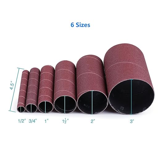 LotFancy Spindle Sanding Sleeves, 120 Grit, Pack of 24, Aluminum Oxide Abrasive, 4-1/2” Length, 4 Each of 1/2”,3/4”,1”,1-1/2”, 2” and 3”