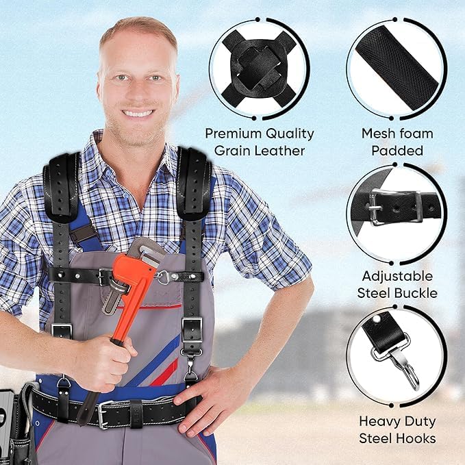 Heavy Duty 19 Pocket Leather Tool Belt Suspender Multipurpose Pockets Work Organizer Pouch Framing Fat Lip Tool Holder for Carpenter, Construction, Handyman, and Electrician Tool Belt Set