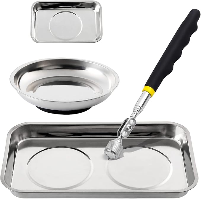 3 Pieces Magnetic Trays with 8LBs Telescoping Magnetic Pick-up Tool Set, 9.5" and 3.7" Rectangle, 6" Round Bowl Stainless Steel Magnet Parts Tray for Screws, Mechanic's