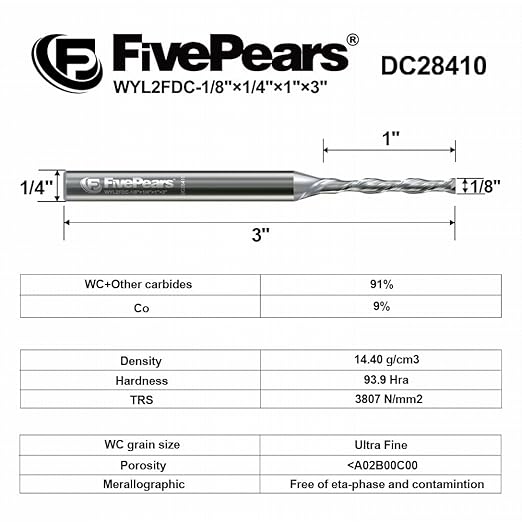 FivePears Down Cut Spiral Router Bit for CNC, 1/8 inch Cutting Diameter and 1 inch Cutting Length 1/4 inch Shank Carbide End Mill Router Bit for Wood Carving Engraving Grinding Grooving