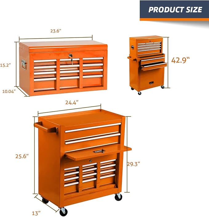 8-Drawer High Capacity Rolling Tool Chest - Big Storage Removable Tool Box w/ Lockable Drawers for Workshop & Garage (Orange)