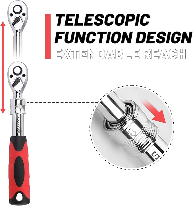 1/2 Inch Drive Extendable Ratchet, Durable Socket Wrench with Long Handle 72-Tooth Quick-Release Reversible, Soft Grip Handle Hand Tool (Red)