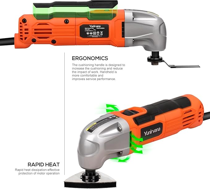 Oscillating Multi-Tool, 22000 OPM, 1.5A, 3° Oscillation Angle, 10-Piece Accessory Kit: 3 Saw Blades, Semi-Circle Blade, Sanding Plate, 6 Sanding Papers for Cutting, Grinding, Sanding