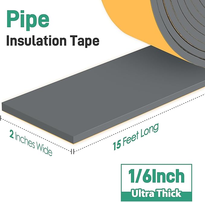 Pipe Insulation Tape, Foam Insulation Tape for Outdoor Pipes Winter Freeze Protection, Foam Pipe Insulation Wrap, Heat Tape for Water Pipes, Copper Pipes, PVC, AC Line, 2in x 15ft, Grey