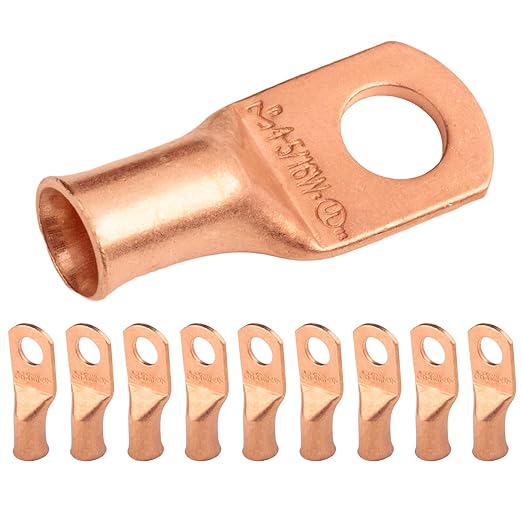 SELTERM 10pcs 4 AWG - 5/16" Stud (Wide Pad) - Battery Lugs, Heavy Duty Wire Lugs, Ring Terminals, Battery Cable Ends,4 Guage Terminals, UL Bare Copper Eyelets Electrical Battery Terminal Connectors