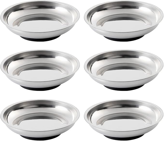 6 Pieces 4.2” Round Magnetic Bowl Trays Set Stainless Steel Magnet Tool Tray Parts Holder for Screws, Sockets, Bolts, Pins, Mechanic's and Automotive