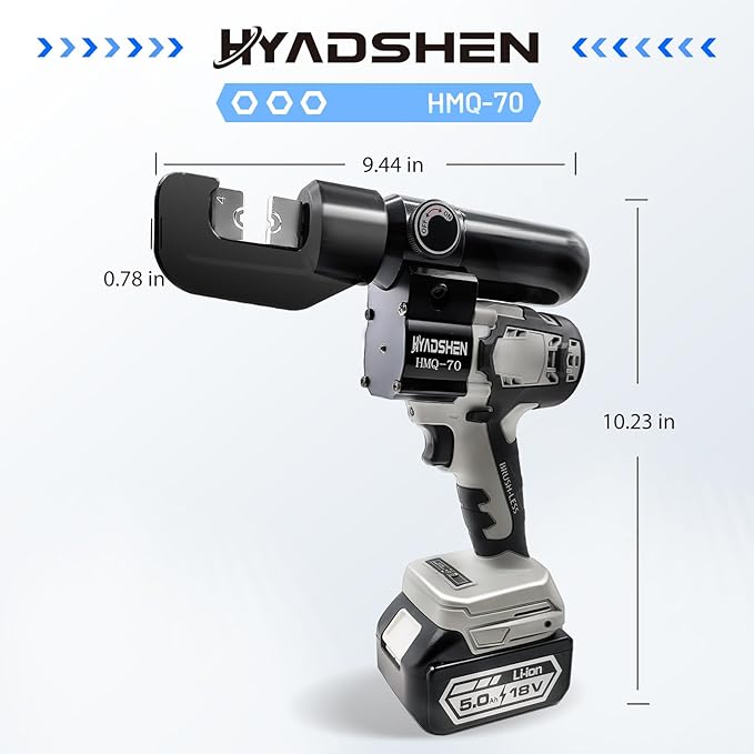 Electric Hydraulic Cable Lug Crimping Tool, Hydraulic Electrical Terminal Cable Lug Wire Crimper Rechargeable Crimping Tool Kits with 8 Dies, 12 AWG to 2/0 AWG（HMQ-70）