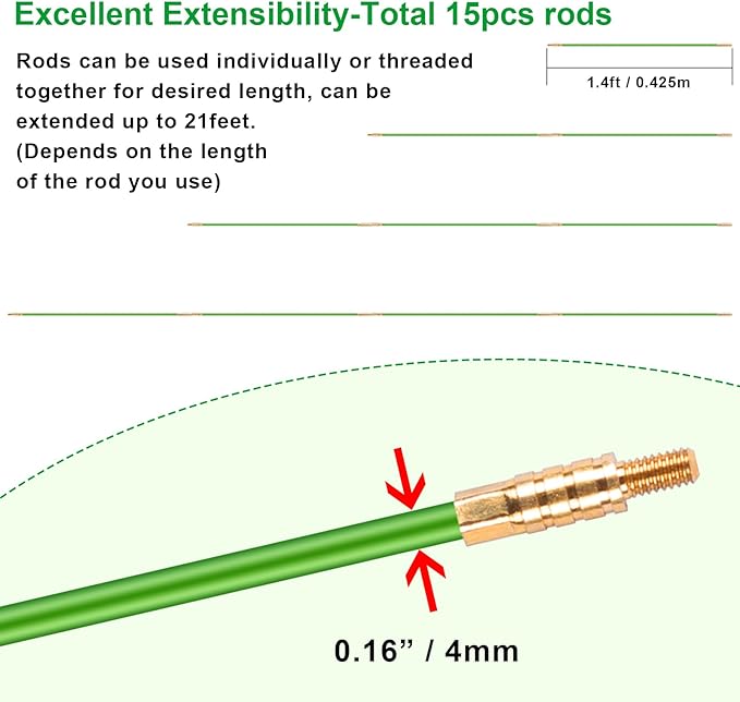 21FT Fiberglass Running Electrical Wire Cable Pulling Fish Tape Kit, Bright Green Glow Rods Set with 7 Different Attachments in a Carrying Case