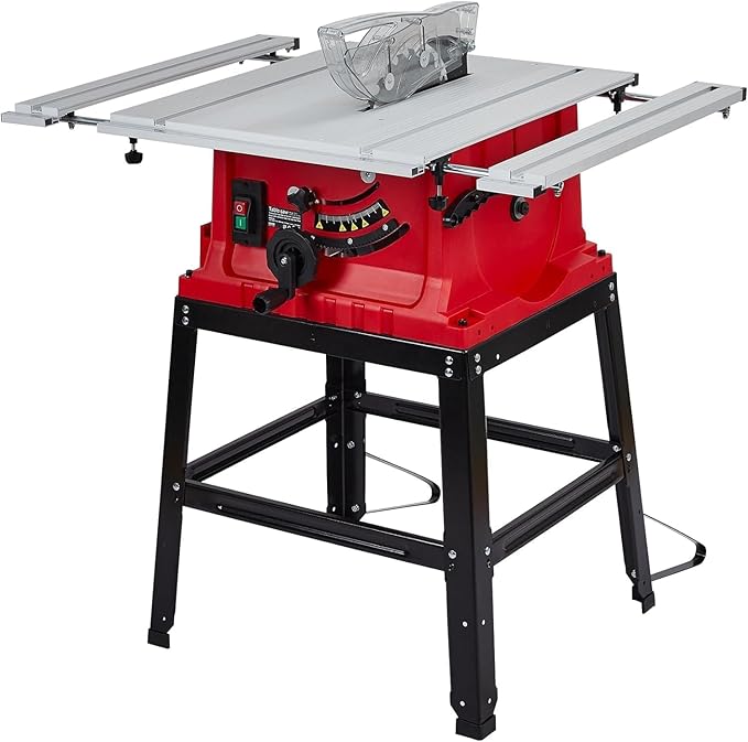 PioneerWorks 10 Inch Table Saw, 15A Multifunctional Saw With Stand & Push Stick, 90° Cross Cut & 0-45° Bevel Cut, 5000RPM, Adjustable Blade Height for Woodworking
