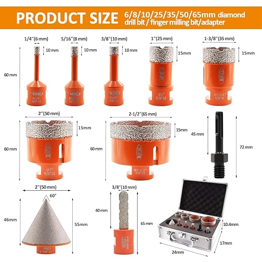 BGTEC Diamond Core Drill Bits Set - 10pcs Tile Hole Saw Kit 6/8/10/25/35/50/65mm with 10mm Diamond Finger Bits and 2" Chamfer Bits for Porcelain Ceramic Tile Granite Marble