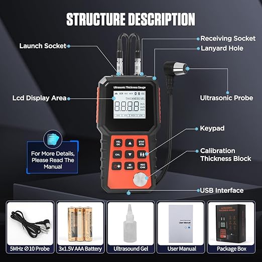 Ultrasonic Thickness Gauge Industrial for All Materials, Steel, Plastic, Glass, PVC, Pipes, Metal Thickness Gauge Meter - Range 0.039 to 11.8 Inch, LCD Display (All Materials)