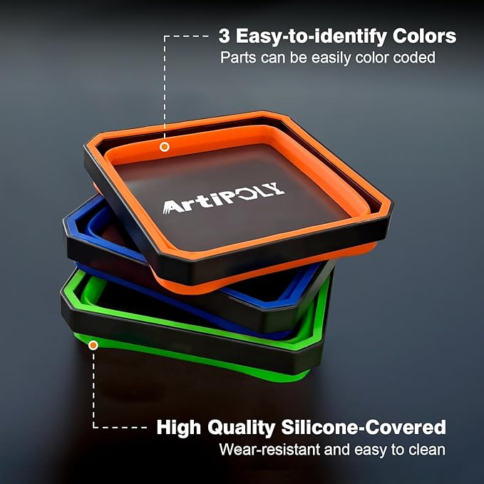Collapsible Magnetic Parts Tray Set, 3 Pack Foldable Silicone Magnetic Tool Trays for Bolts Screws Nuts & Small Metal Parts, 4.5” Upgraded Square Silicone Bowls with Dual-Sided Magnetic Base