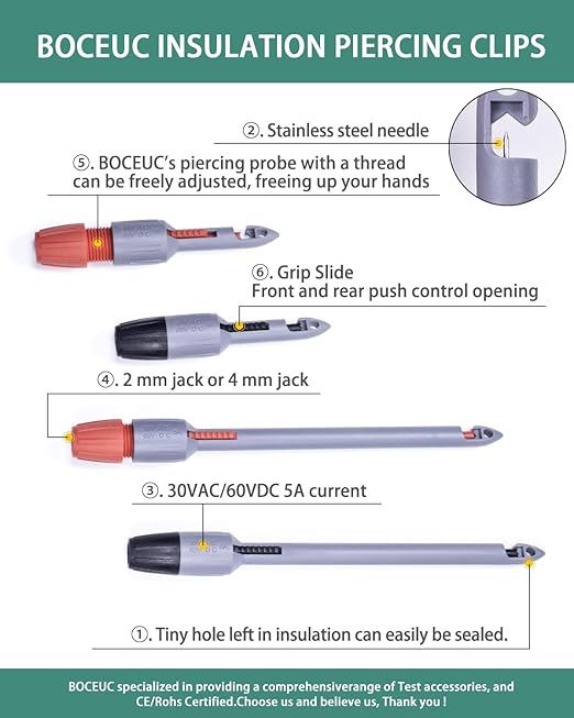 Heavy Duty Wire Piercing Probe Insulation Piercing Clip Set Push on 4mm Push Banana Plug Multimeter Test Leads Multi Testers Needle Accessories