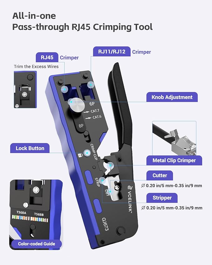 VCELINK Ethernet Crimping Tool Kit 105-in-1 for CAT7/CAT6A/CAT6/CAT5E/CAT5, RJ45 Crimp Tool Set with an Ethernet Crimper, Cable Tester, Wire Stripper and Cutter in a Cloth Bag