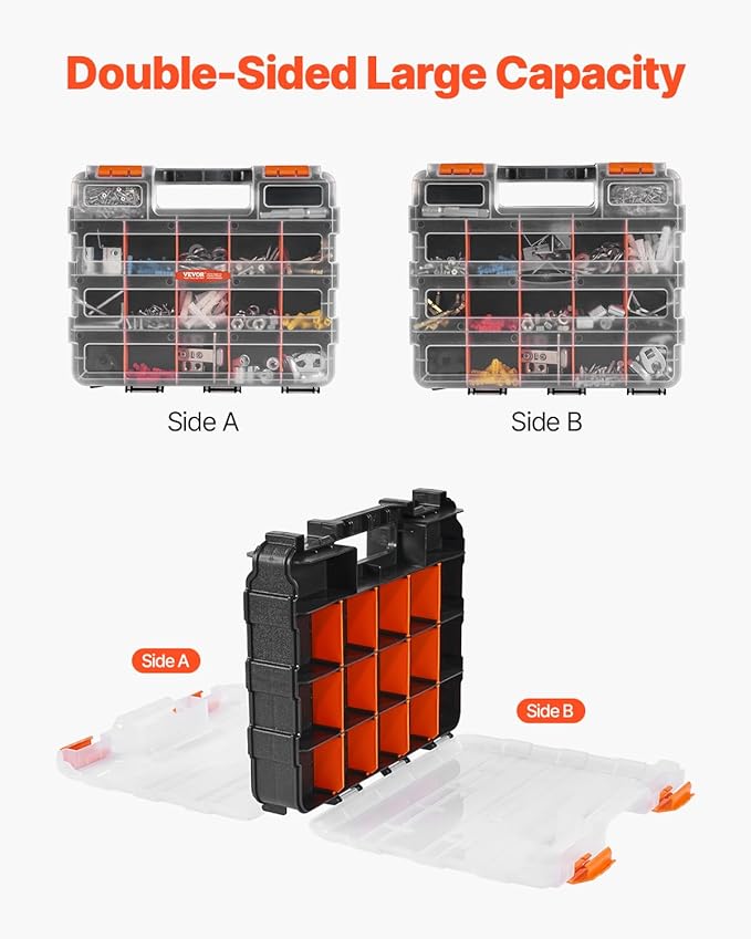 VEVOR Small Parts Organizer, 34-Compartment Double Side Tools Organizer Box with 24 Removable Dividers, PP Hardware Storage Box with Safety Latch & Portable Handle for Nuts, Bolts, Screws, Nails