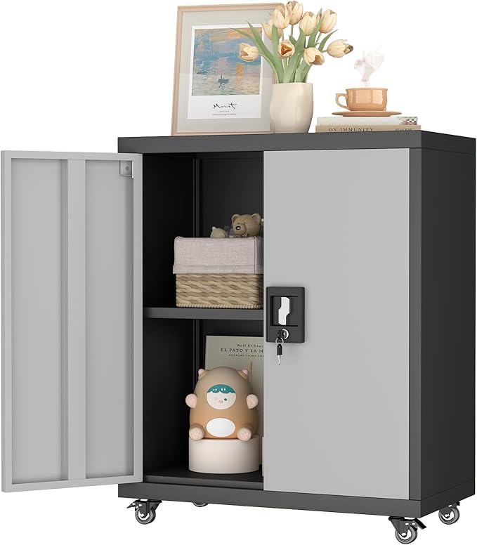 GREATMEET Metal Storage Cabinet with Locking Doors,Steel Storage Cabinet with Wheels Suit for Home Office with 1 Adjustable Shelf for Files, Black&Grey