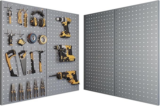 Pegboard, Metal Peg Board, Pegboards Wall Organizer with 57 Pcs Hooks, Sturdy Peg Board for Garage Tool Organization, Home & Office Wall Decoration (Grey, 3 Pack)