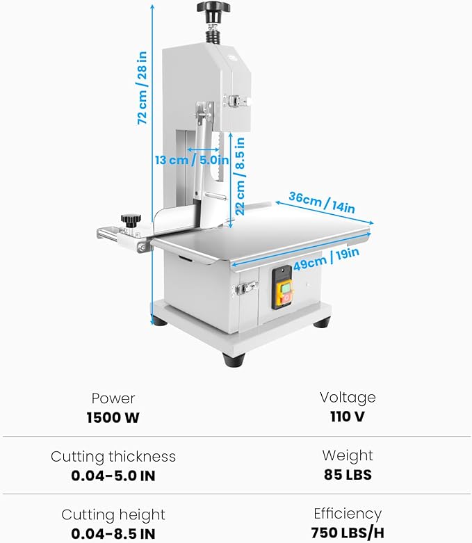 1500W Commercial Bandsaw Machine, 19x14" Stainless Steel Worktable, Cuts 0.04-5.0" Thickness Electric Bone Saw Machine, Frozen Meat Cutter with 8 Blades Included, for Rib Pork Beef