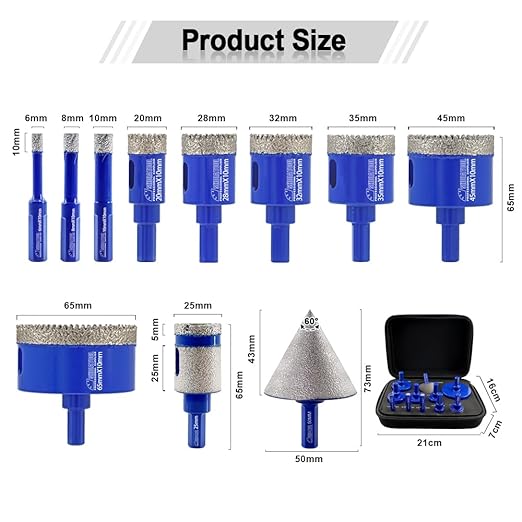 SHDIATOOL Diamond Drill Core Bits Kit Hole Saw Sets Diamond Drilling Mould Guide for Porcelain Tile Marble Ceramic Granite with Hollow EVA Guide Jig 11pcs(6/8/10/20/28/32/35/45/65/25MM/2inch)