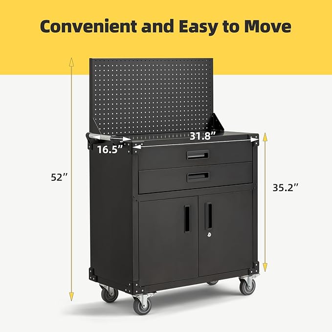 52'' Work Bench for Garage with Pegboard Drawers and Cabinets Heavy Duty Metal Frame Tool Bench for Shop Kitchen Cabinets Organizer Work Table with Wheels
