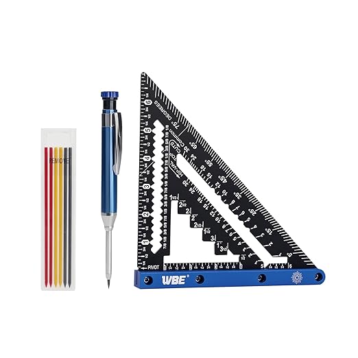 7inch Rafter Square with Carpenter Pencil, 1/8" Precision Heavy Duty Aluminum Woodworking Rule,Laser Etched Scale, Triangle-Ruler Measuring Layout Tool -Blue (Blue & Black)