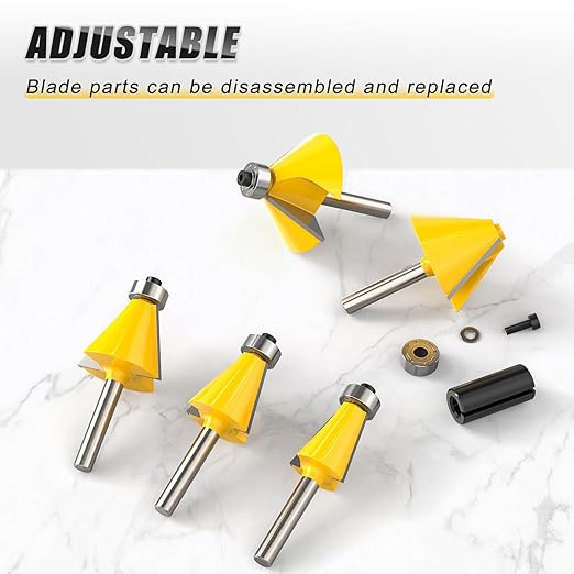 5PCS Chamfer Router Bit Set 1/4 Inch Shank Dish Carving Router Bits with Top Bearing for Woodworking, 11.25, 15, 22.5, 30, 45 Degree