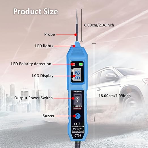 CT03 Power Circuit Tester, 6-24V DC Test Light Short Circuit, Automotive Component Electrical Polarity Identify Continuity Tester, Overload Protection