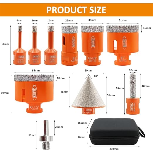 Diamond Core Drill Bit Kit BGTEC Diamond Hole Saw Tile Cutter,5/8"-11 Thread 7pcs 6/8/10/25/35/50/65mm Drill Bits+1pc 10mm Finger Bit+1pc 2" Chamfer Bit+Hex