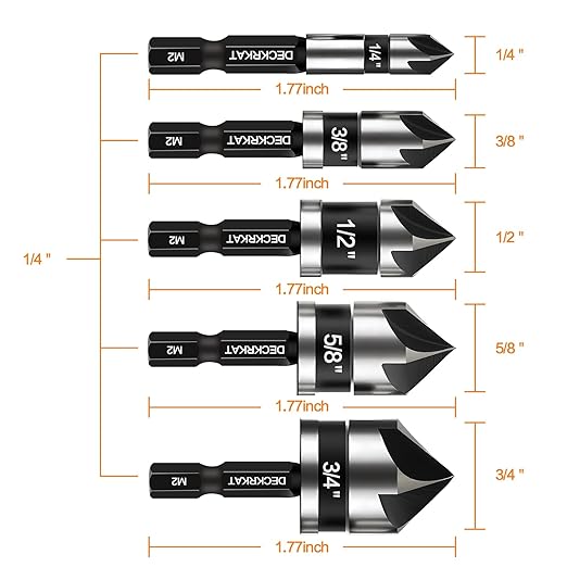 5 Pcs Countersink Drill Bit Set, Industrial Grade M2 High-Speed Steel, 82 Degree, 5 Flute with 1/4” Quick Change Hex Shank, 1/4" to 3/4" Size for Metal, Wood & Plastic - Includes Durable Case