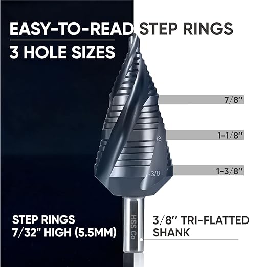 toolant Four Spiral Flute Cobalt Step Drill Bit(Pro), 3/16" - 1-3/8"(19 Step Size) Unibit Step Drill Bit, 3/8" Tri-Falt Shank Step Bit for Metal, Stainless Steel, Aluminum, Plastic