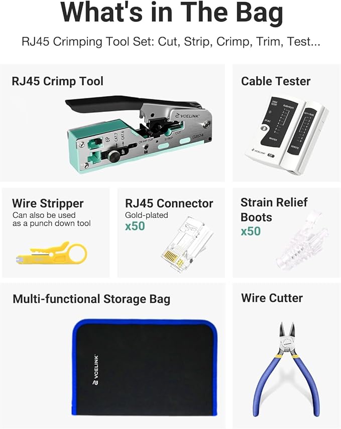 VCELINK RJ45 Crimp Tool Kit 105-in-1 for CAT7/CAT6A/CAT6/CAT5E/CAT5 Connectors, Includes Crimper Blades Replaceable, Cable Tester, Wire Cutter for Beginners Professionals DIY Network Setups