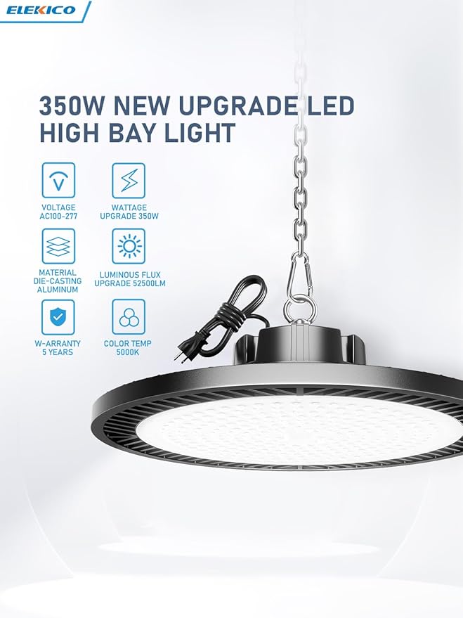 Upgrade 350w Led Shop Lights, 6 Pack Super Bright 52500lm 5000k UFO Led High Bay Light, High Bay Led Shop Lights with Us Plug 5' Cable for Garage Workshop Factory Barn Gym Warehouse
