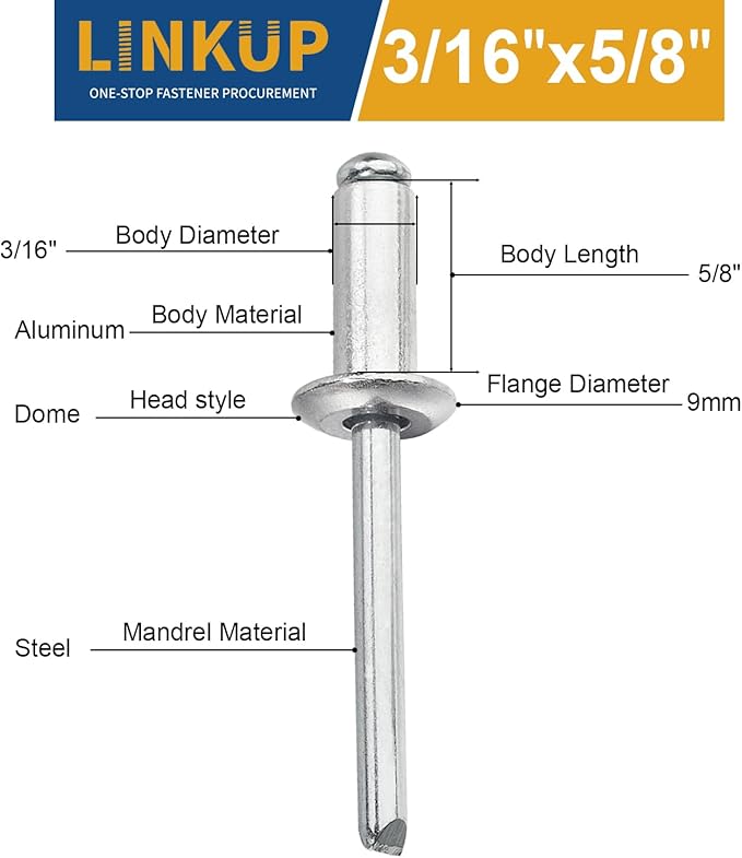 Linkup 130pcs pack 3/16" x 5/8" Pop blind Rivets, 4.8mm x 16mm pop rivets,Aluminum Body Steel Mandrel Rivets (Sliver),Dome Head aluminum rivets